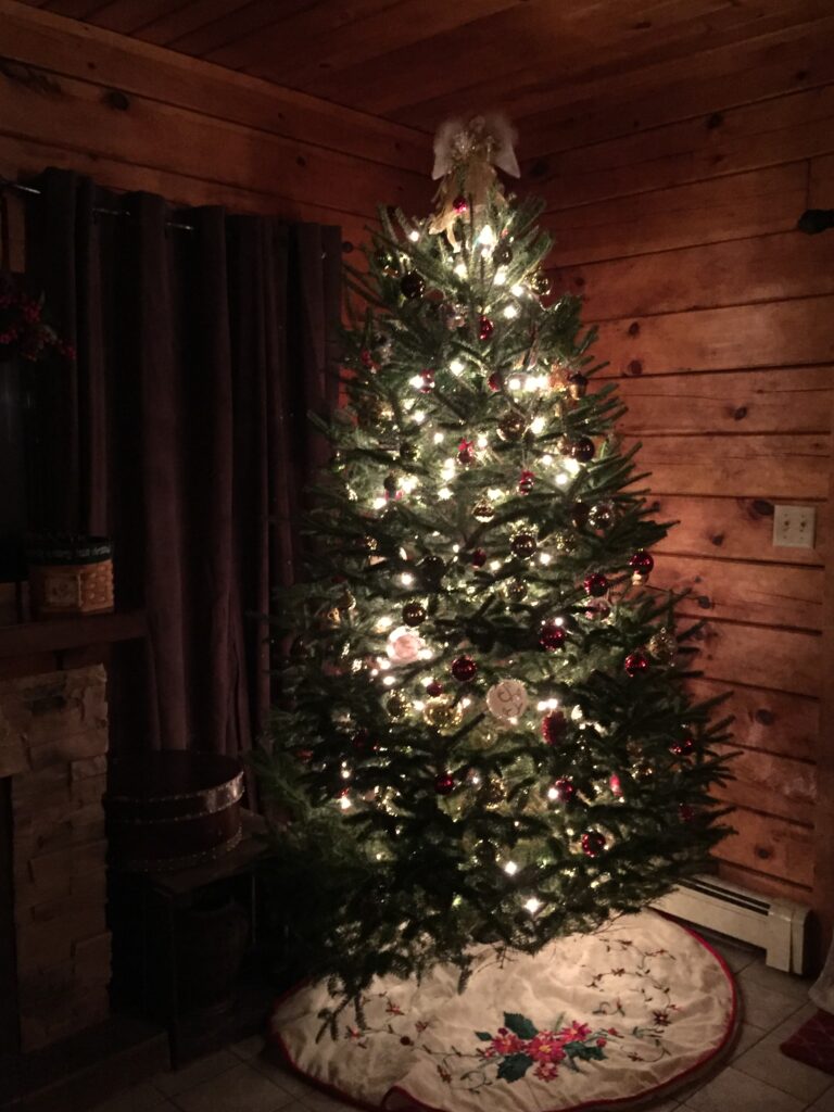 Christmas tree lit and decorated in dark room of log home