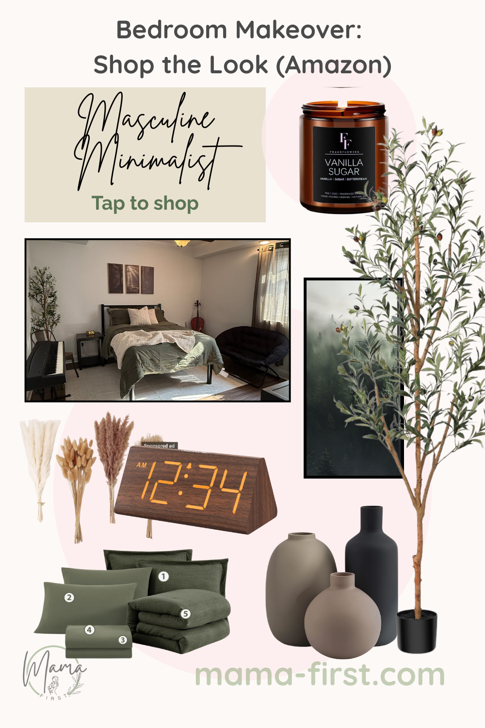 A collage-style Pinterest graphic showing a masculine minimalist bedroom makeover with Amazon products. Includes olive bedding, dried stems, a wooden digital alarm clock, black and taupe vases, a faux olive tree, framed wall art, and a room photo showing the completed space