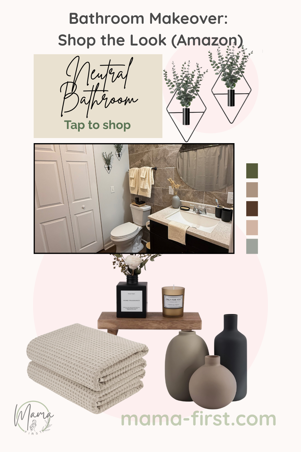 Neutral bathroom makeover Pinterest graphic — shop the look and neutral décor ideas.