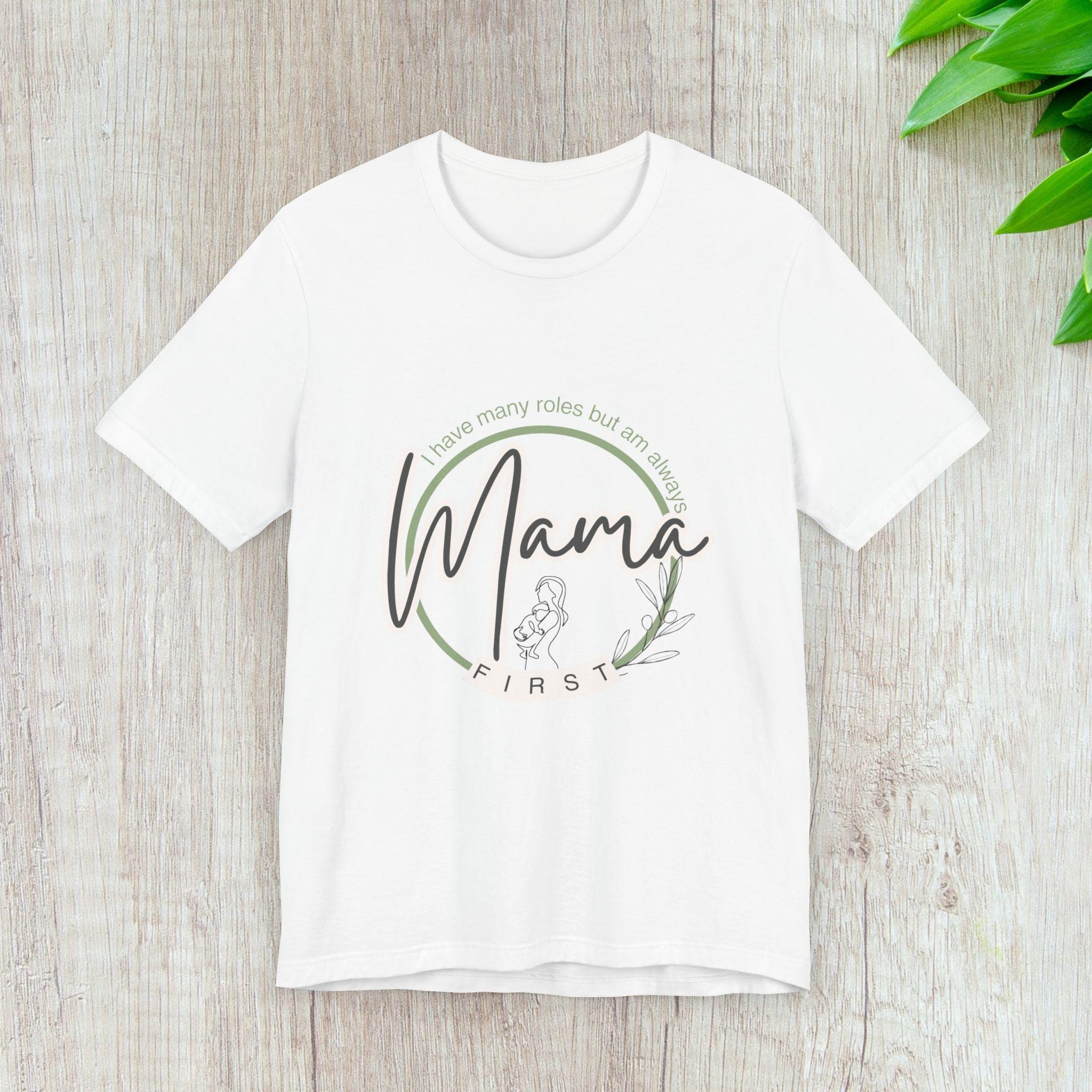 Mama-First logo tee. White with sage and charcoal gray.