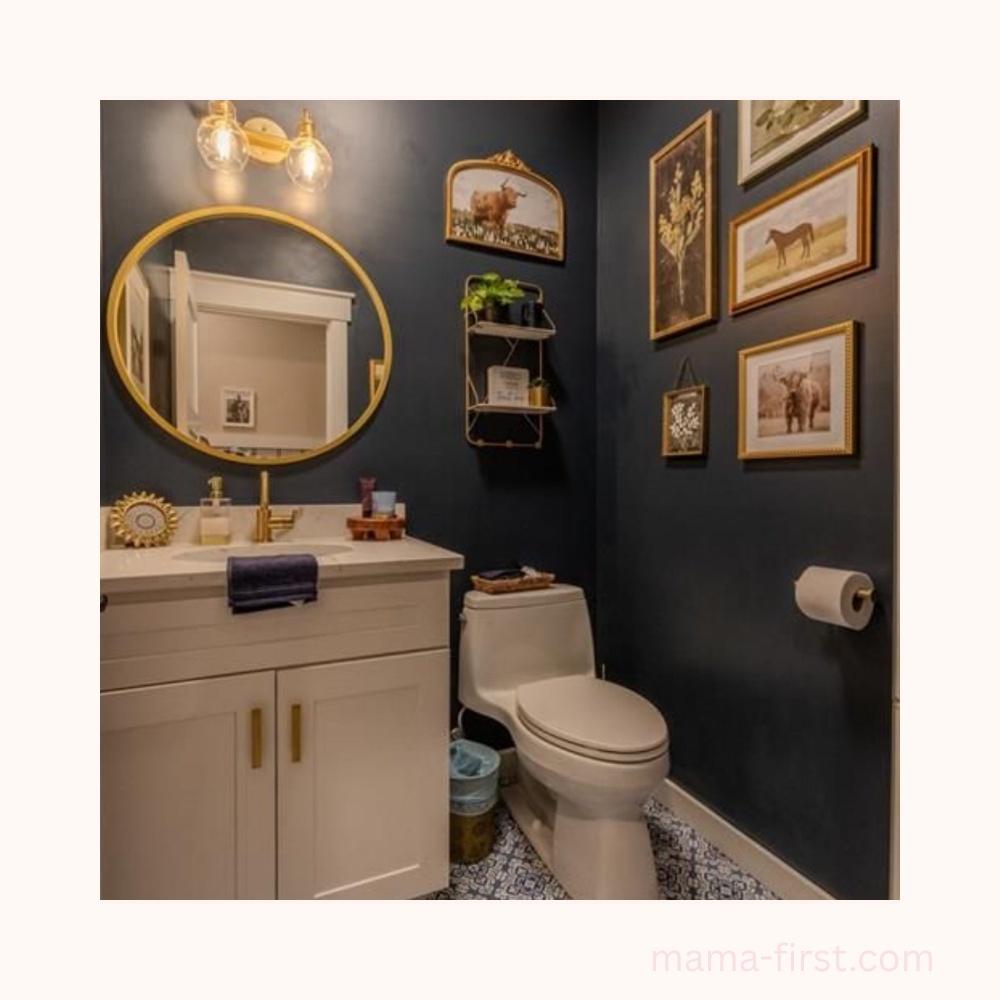 Powder room blues "after" photo. link to click from home to the blog post