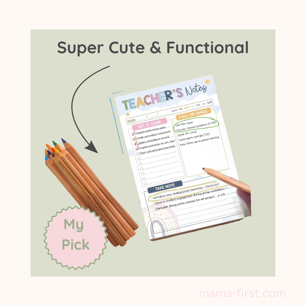 Cute white teacher notepad with colorful cute graphics with pencils