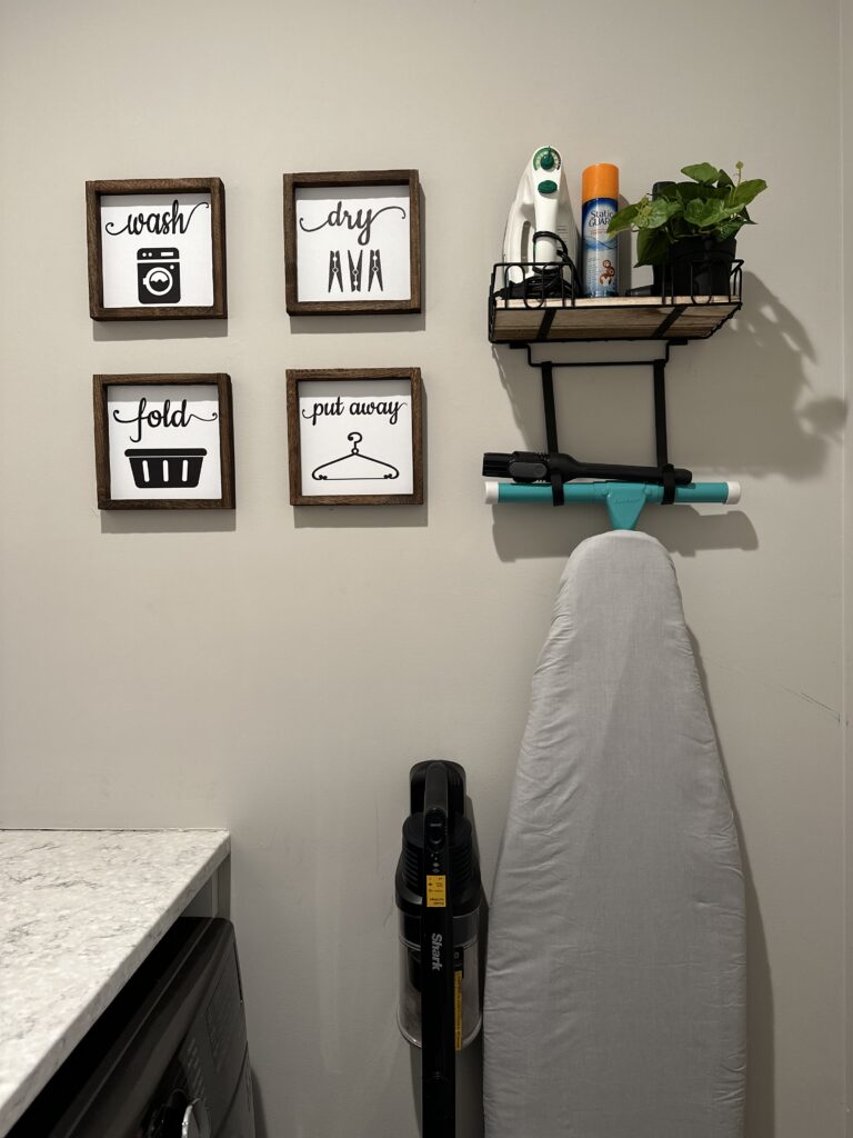 farmhouse decor prints and ironing board on hanger-shelf