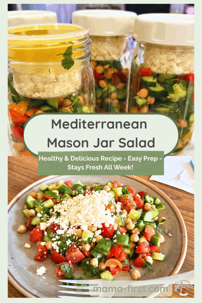 Pinterest pin showing salad in jars and on plate ready for lunch; test overlay says "Mediterranean Mason Jar Salads… Healthy & Delicious Recipe- easy prep- stays fresh all week
