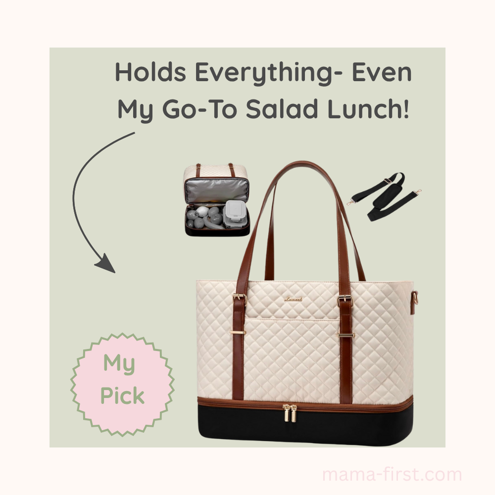 teacher school bag: cream, back and brown accents. 