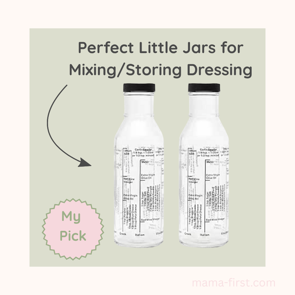 Glass dressing jars with black dressing recipes typed onto glass.  black lids.  
