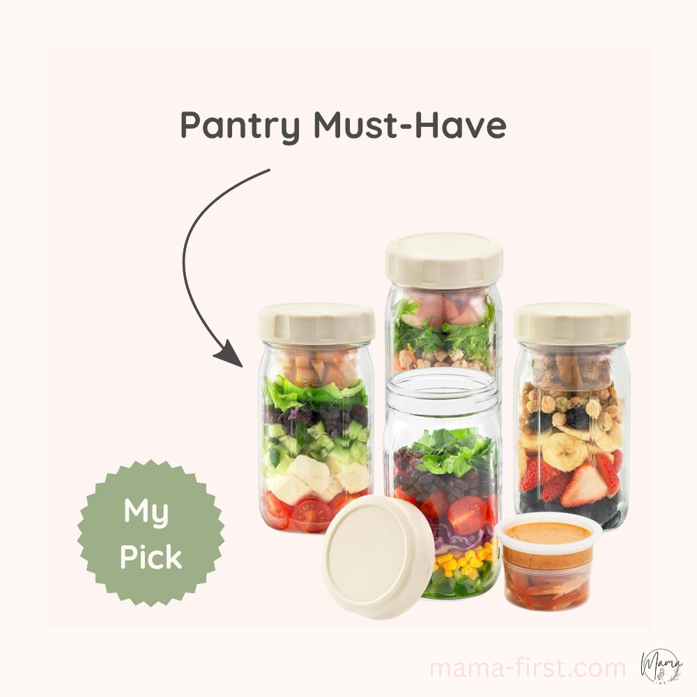 Mason salad jars with cream plastic lids and inserts for proteins and dressing.  Set of four