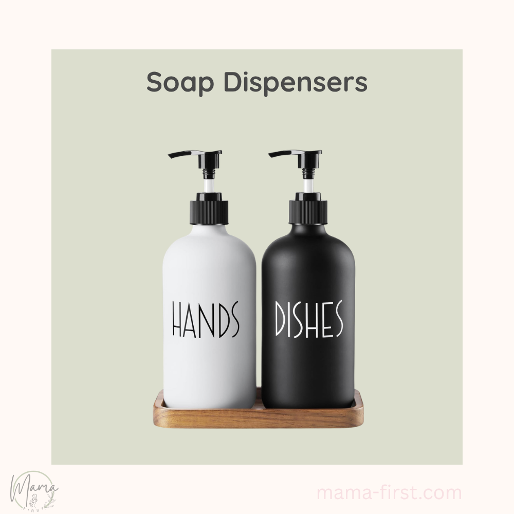 black and white soap dispensers on wooden tray produce card