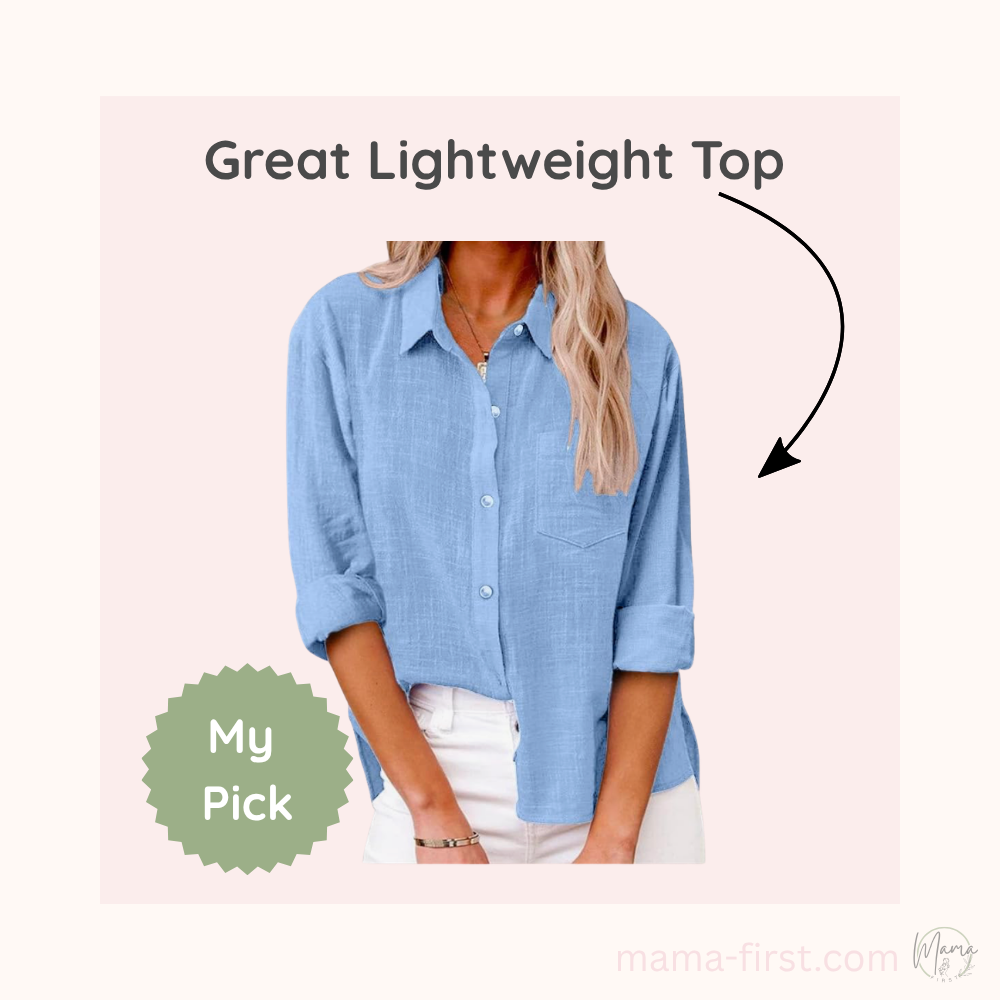 blue linen style flowy button up shirt