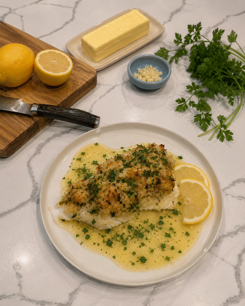 Stuffed monkfish topped with a crab and shrimp stuffing, served in a lemon butter sauce and garnished with fresh parsley and lemon slices. The dish is photographed on a white plate beside fresh lemons, butter, garlic, and parsley on a marble countertop.