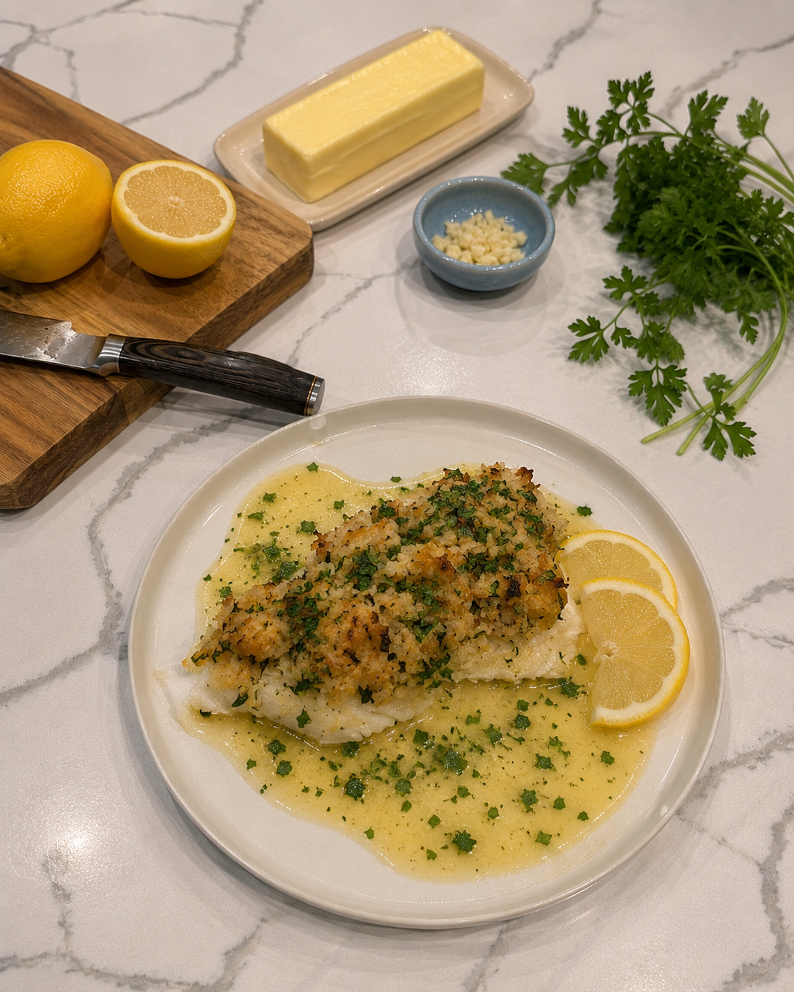 Elegant stuffed monkfish recipe with crab and shrimp stuffing baked until golden and served in a rich lemon butter sauce. Garnished with fresh parsley and lemon slices, this restaurant-quality seafood dinner is perfect for entertaining, date nights, and special occasions.