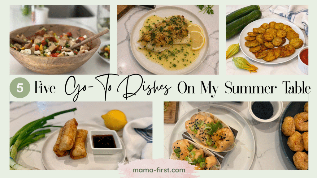 Collage of five summer recipes including peach panzanella salad, crab-stuffed monkfish, crispy fried zucchini, crab rangoon egg rolls, and bang bang shrimp tacos featured in a summer recipes menu.
