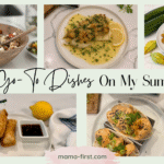 Collage of five summer recipes including peach panzanella salad, crab-stuffed monkfish, crispy fried zucchini, crab rangoon egg rolls, and bang bang shrimp tacos featured in a summer recipes menu.