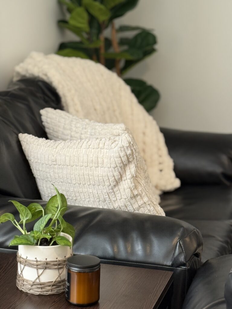 close up portrait of pillows on couch, cute planter with pathos plant, amber glass candle with black lid on end table next to couch