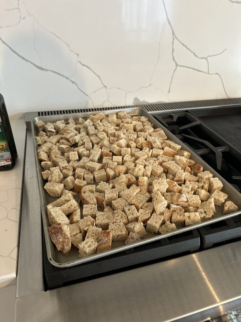 Cut cubes of sourdough ready to be toasted