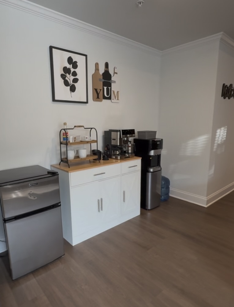 After shot 1 of the coffee bar with new white cabinet with wood top; cute coffee bar decor and functional espresso station with Ninja machine