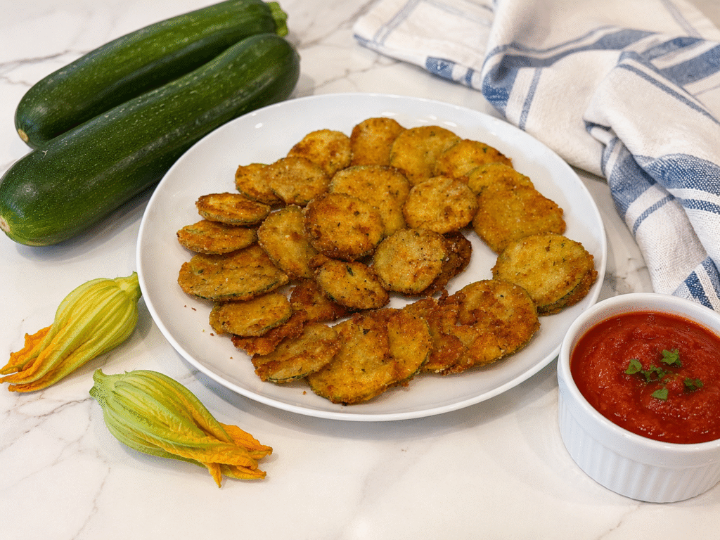 Crispy fried zucchini slices served with marinara dipping sauce, fresh zucchini, and zucchini blossoms on a white plate. Easy summer appetizer recipe.