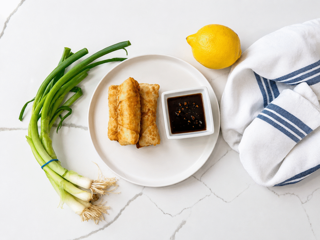 Crispy Crab "Rangoon" Rolls styled on white ceramic plate with white ramekin of cherry dipping sauce, artfully surrounded by a scallion bunch, fresh lemon, and white and blue chef's towel